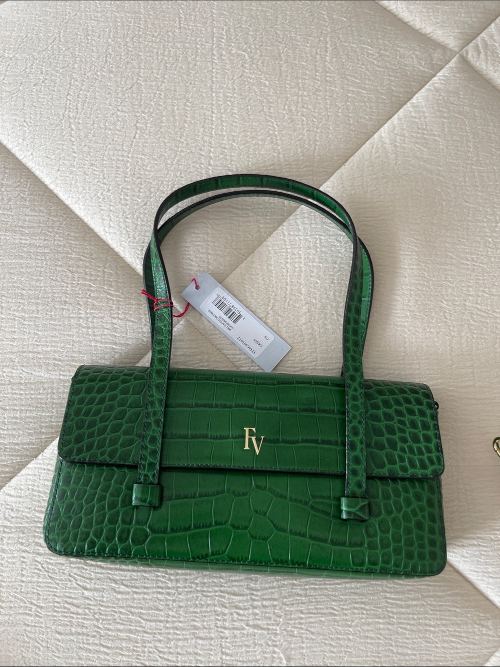 Frances Valentine Emerald Croc-Embossed leather Small Slim Tote with Gold Logo